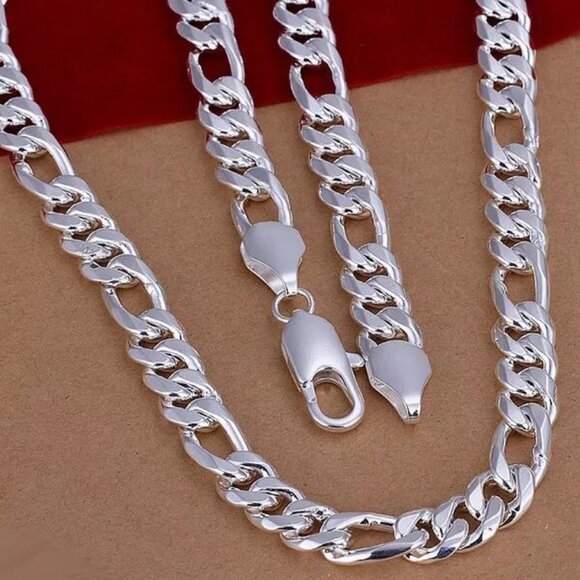 18" - 24" Men's 925 Sterling Silver 12mm Width Figaro Cuban Link Chain Necklace - Picture 1 of 4